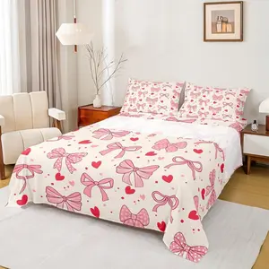 Pink Bowknot Bow Tie Kids Sheet,Love Heart Dot Geometric Patchwork Bedding Setstripe Snowflake Romantic Girls Boys Room Decor,Princess Bed Sheet Set,(Fitted + Flat Sheet)