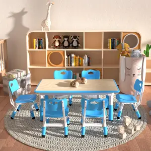 Kids Study Table and 6 Chairs Set,Height Adjustable Table and Chairs for Children and Toddlers,47.2"X23.6"Graffiti Desktop,Suitable for Daycare,Classrooms, Home