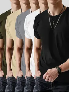 5-Piece Set Quick-Dry Short Sleeve T-Shirts, Classic Solid Color Casual Round Neck, Men & Women, Breathable Fabric, Comfort Fit, Unisex