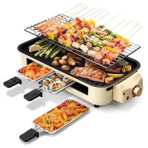 1500w electric indoor grill with removable non-stick plate, smokeless kitchen grill, dishwasher-safe, temperature control(beige)
