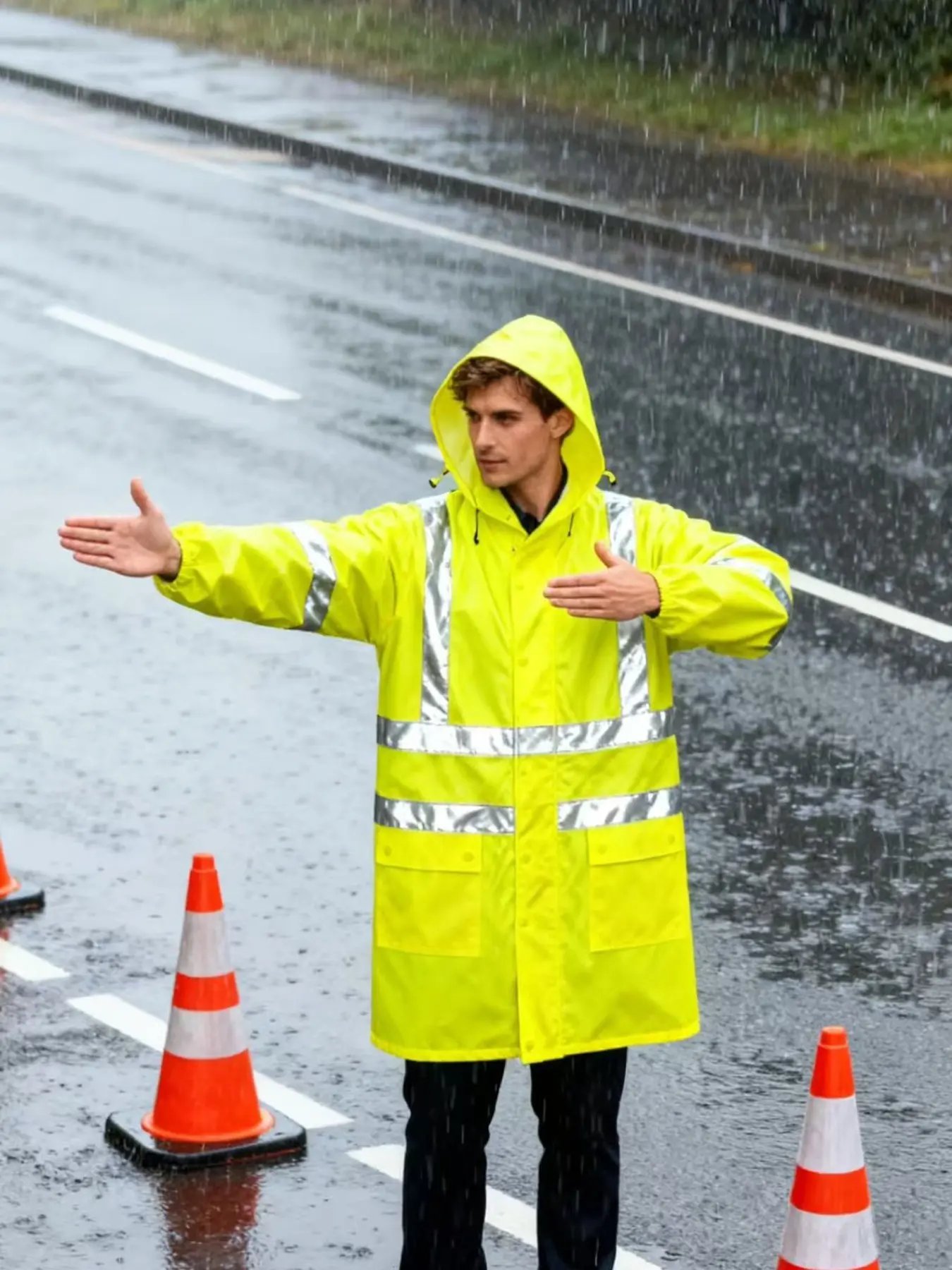 Men's High Visibility Reflective Strips Raincoat Jacket, Waterproof Breathable Workwear with Two Large Pockets, Ideal for Heavy Rain, Rainy Days, Construction, Fishing, Traffic Control