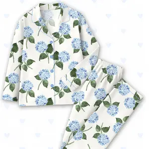 Women’s Hydrangea Bloom Blue Hydrangea Watercolor Flower Short Sleeve Satin Pajama Set, Long Sleeve Satin Pajama Set