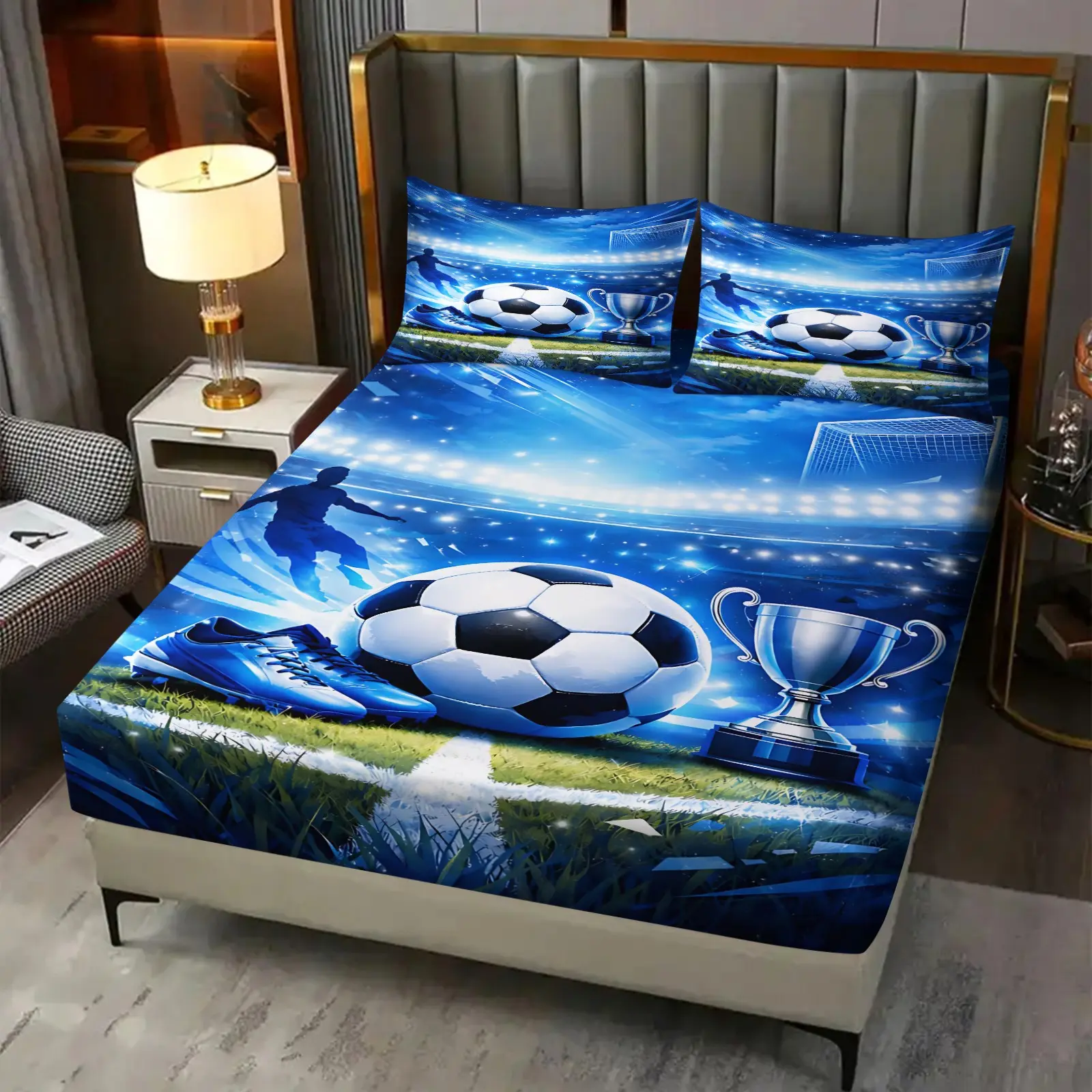 3Pcs Soccer Stadium Theme Fitted Sheet Set, Football Pattern Digital Printing Bedding Set, Printed Bedding Set, Blue Stadium Lights, Soccer Ball & Trophy Print, Polyester Bedspread for Bedroom, Soccer Fans, Sports Lovers. Includes 2 Pillowcases