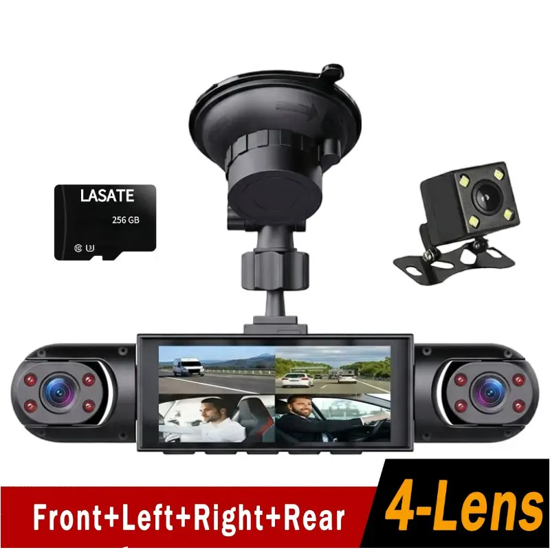 4-Channel Multi-Lens Dash Cam (Non-Wireless HD Recorder Video Camcorder) - 1080P Full HD Front, 720P Rear/Left/Right Cameras, Charging Cable Required, Super Night Vision, G-Sensor, Free 256GB Micro SD Card for Car Owners