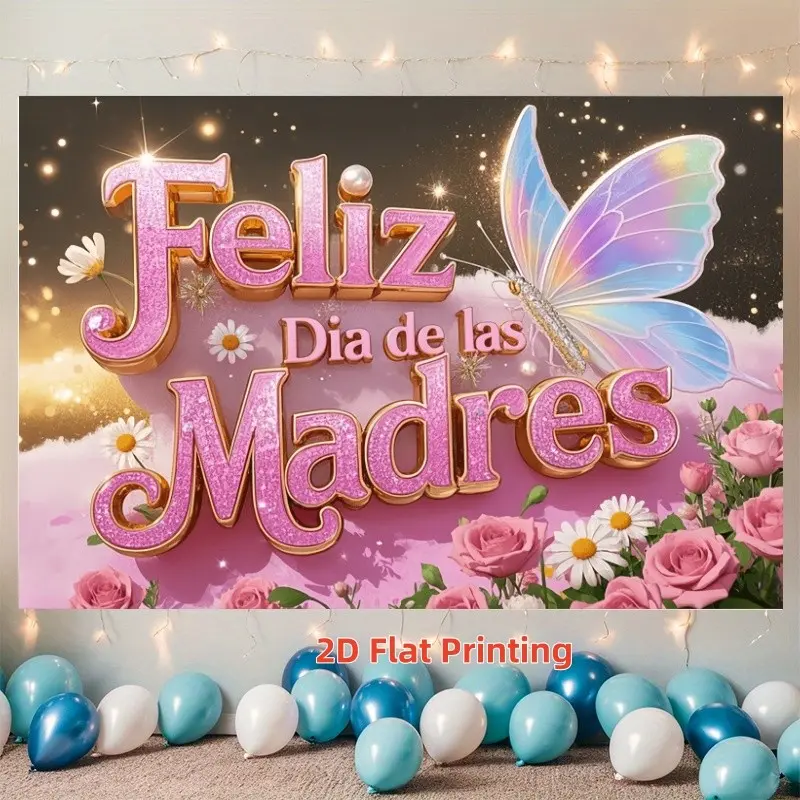 2D Flat 1pc Pink Glitter Feliz Dia de las Madres Backdrop Banner, Butterfly Rose Daisy Photography Background, Mother's Day Party Family Celebration Photo Booth Decor