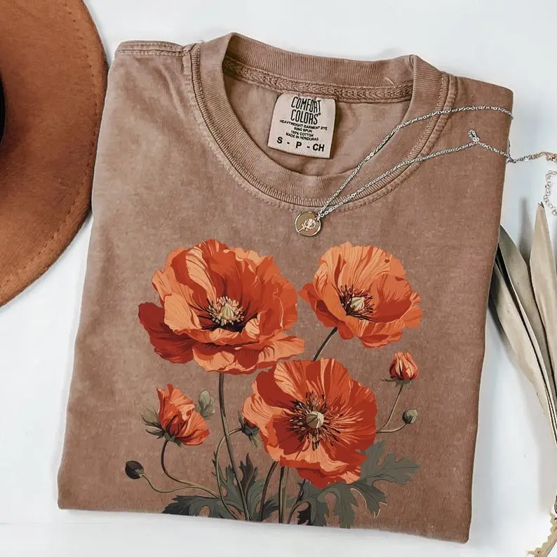 Comfort Colors Vintage Poppy Flower T-shirt, Boho Botanical Wildflower Poppy TShirt, Vintage Floral Tee, Veterans Day T-Shirt