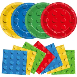 Wiooffen 96 Pcs Building Blocks Birthday Party Decorations Blocks Paper Plates Napkins Bricks Theme Disposable Tableware Colorful Build Block Dessert Plates for Shower Table Decorations Serve 48