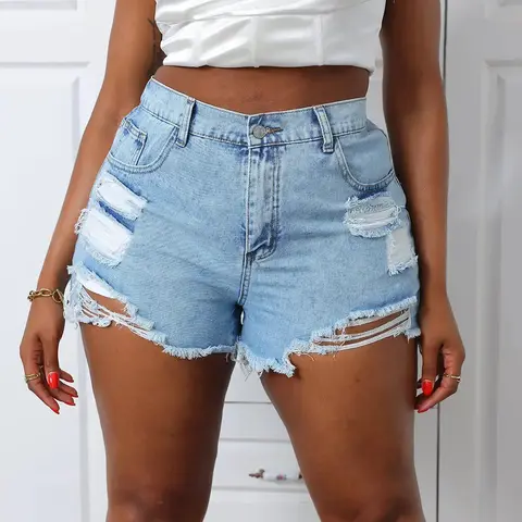 Plus Size Ripped High Waist Fitted Lightweight Denim Shorts, Bottom, Fashion Casual Style Pocket Button Shorts for Daily Outdoor Wear, Women Jeans Shorts for Summer