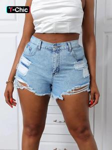 【plus size】 button ripped high waist denim shorts, fitted fashion style casual fit pocket shorts for daily outdoor wear, women plus size clothing for summer, breathable womenswear, bottom