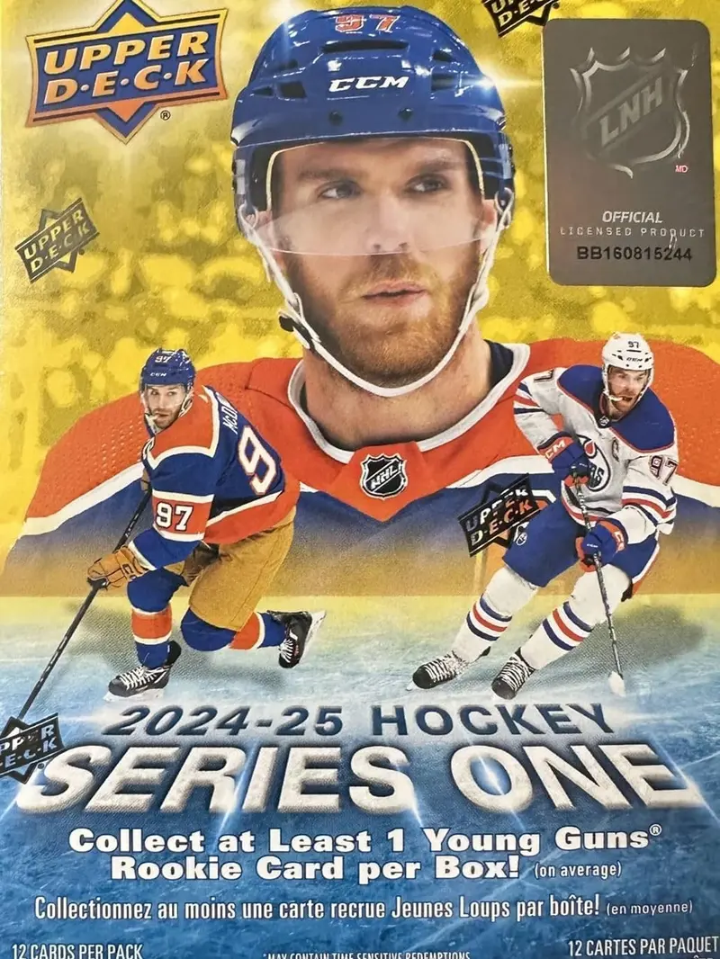2024-2025 Upper Deck Series One Hockey NHL Trading Card Blaster Box (1 Young Guns Rookie Card and 1 Blaster Exclusive Green Dazzler Card! Per Box)