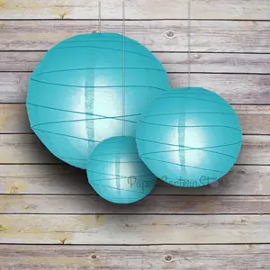 8/12/16" Turquoise Round Paper Lanterns, Irregular Ribbing (3-Pack Cluster)