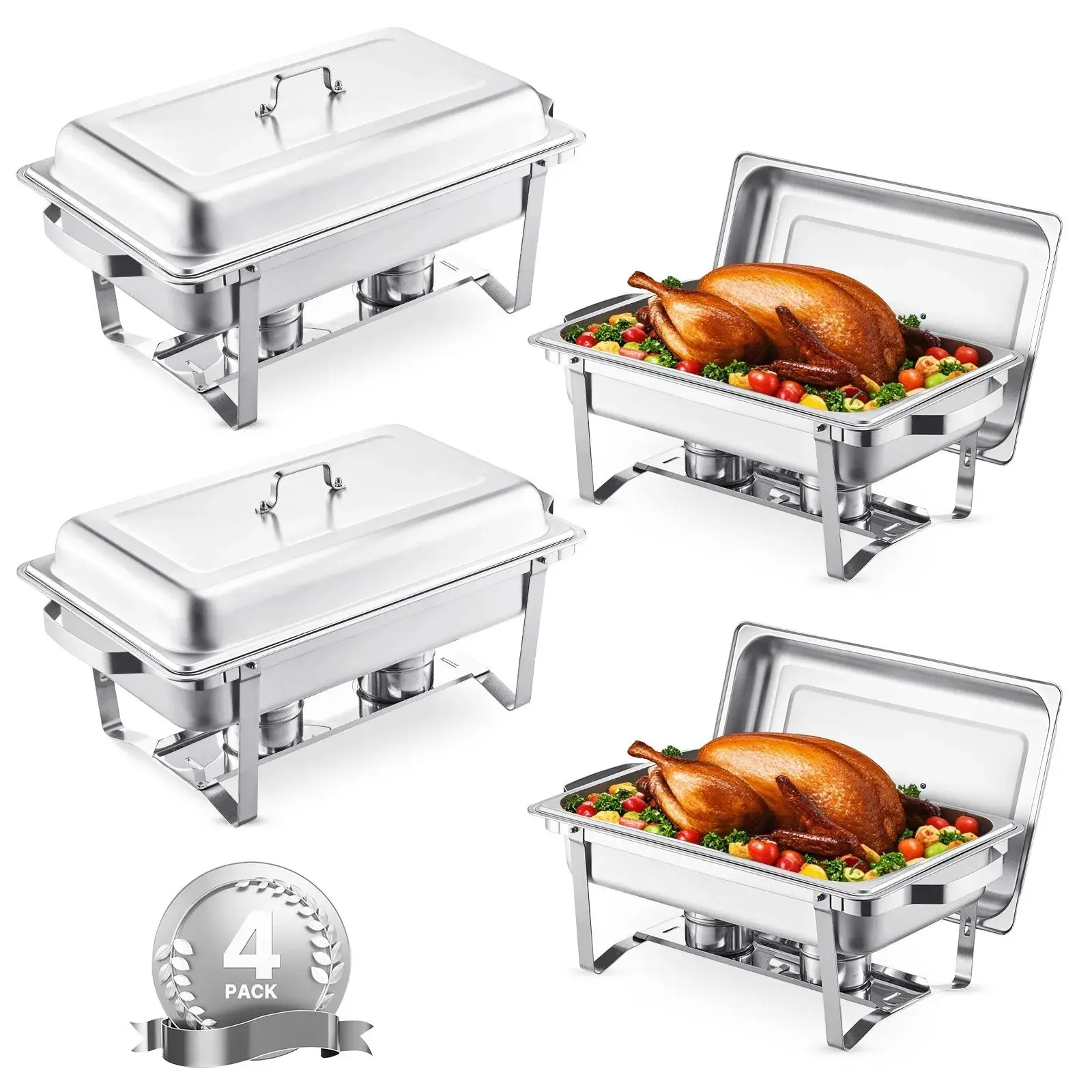 【Backtoschool】VEVOR Chafing Dish Buffet Set, 8 Qt 4 Pack, Stainless Steel Chafer with 4 Full Size Pans, Rectangle Catering Warmer Server with Lid Water Pan Stand Fuel Holder, for Weddings Parties Banquets, Silver
