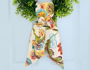 Monogram floral green chinoiserie wreath sash for front door, personalized embroidered spring Easter wreath sash, custom wedding shower gift