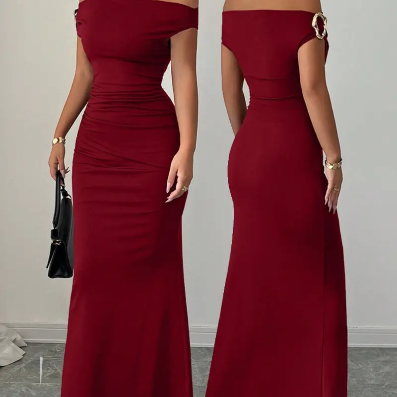 New Arrival Off-Shoulder Sleeveless Polyester Dress, Sexy Elegant Chic Long Gown Formal Evening Party Wear Elegant Party Apparel for Women, All Seasons Fashion