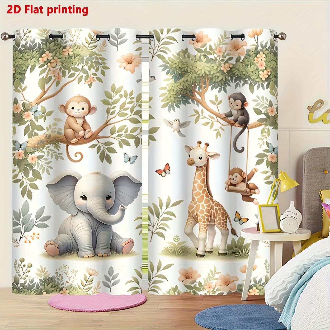 2D Flat Printed Animal Curtains 2 Panels, Cute Jungle Elephant Giraffe Monkey Print Window Drapes, Light Filtering Home Decor for Living Room Bedroom