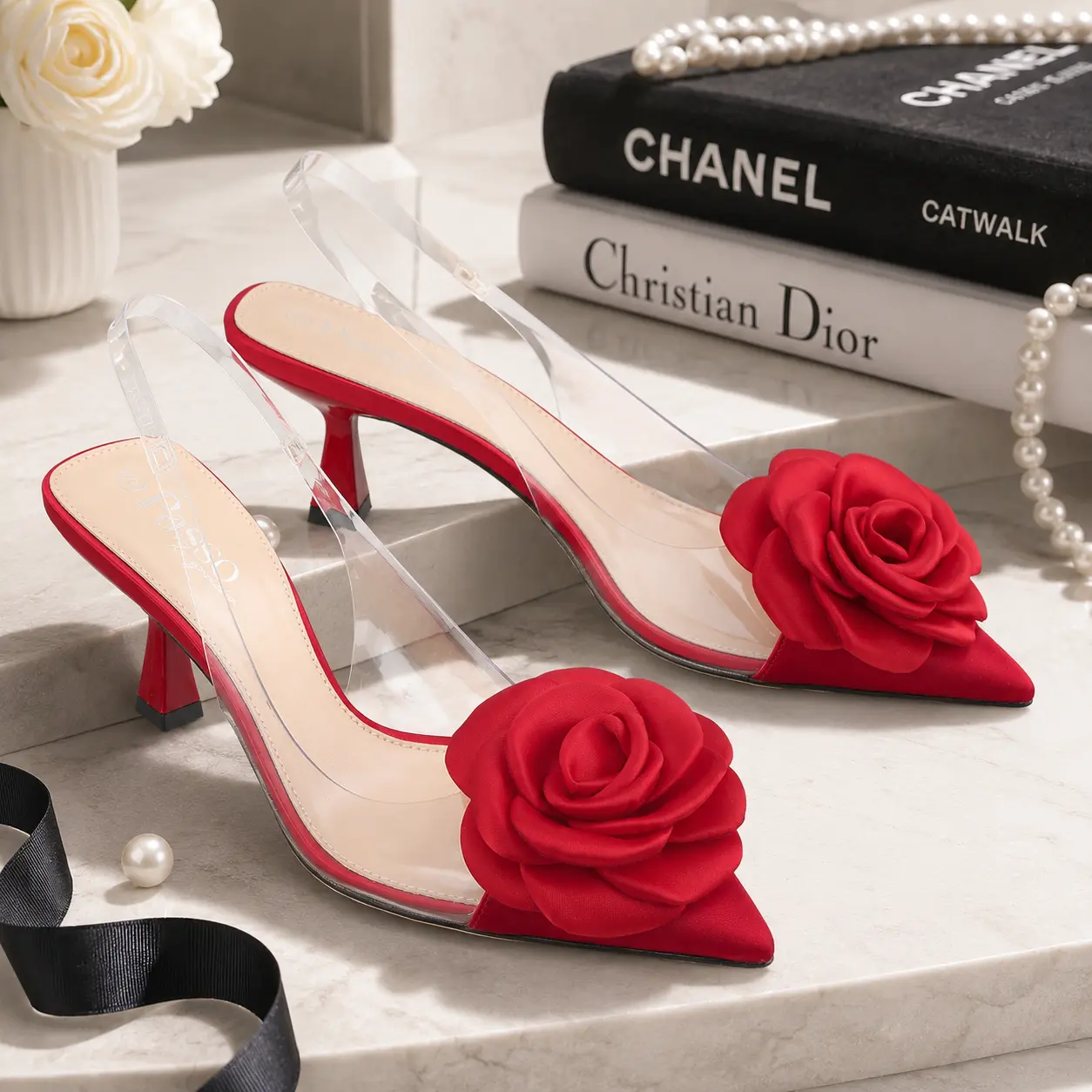 Belovely Satin Floral Slingback Heels with Pointed Toe - Elegant Going Out Heels Wedding Heels, Fashion Walking Heels