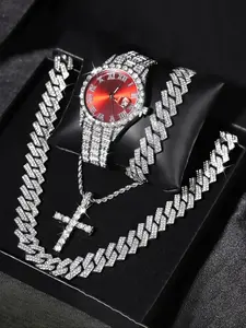 Men's Rhinestone Wristwatch & Cross Necklace & Chain Necklace & Link Bracelet, Fashion Analog Luxury Watches for Men Party, Daily Decor, Trendy All-match & Exquisite Watch Set for Gift Cuban Chain
