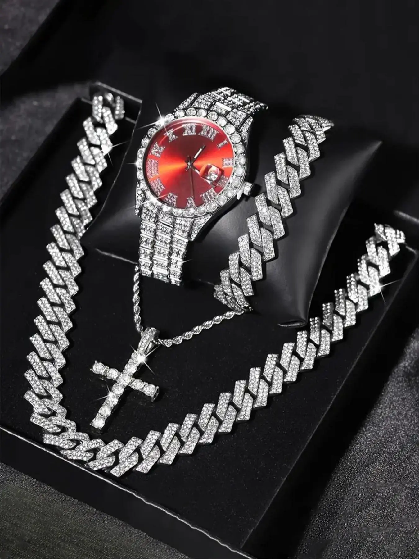 Men's Rhinestone Wristwatch & Cross Necklace & Chain Necklace & Link Bracelet, Fashion Analog Luxury Watches for Men Party, Daily Decor, Trendy All-ma