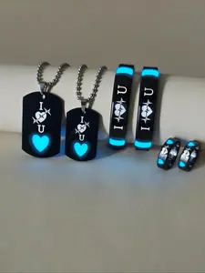 Glow in The Dark Heart Pattern Couple Necklace Bracelet Ring Set, Cute Fashion Jewelry for Party, Daily Clothing Decor, Trendy All-match & Exquisite Jewelry for Love Gift