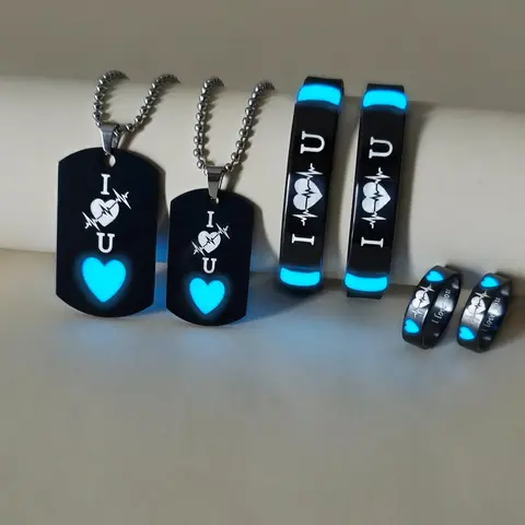 Glow in The Dark Heart Pattern Couple Necklace Bracelet Ring Set, Cute Fashion Matching Jewelry Set for Party, Daily Clothing Decor, Trendy All-match & Exquisite Jewelry for Love Gift, Glamour Set