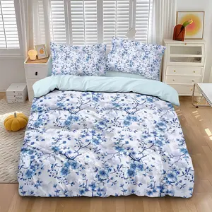 3-piece quilt cover set (1 quilt cover +2 pillowcases, no core) Fresh blue and white porcelain style blue flower quilt cover, ink style, branches and tendrils, flower print, soft and comfortable bedding, suitable for all rooms
