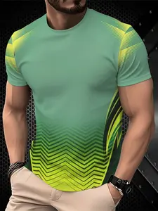 Men's Gradient Chevron Print Short Sleeve T-Shirt, Casual Crew Neck Sports Tee, Breathable Athletic Top for Daily Wear & Fitness