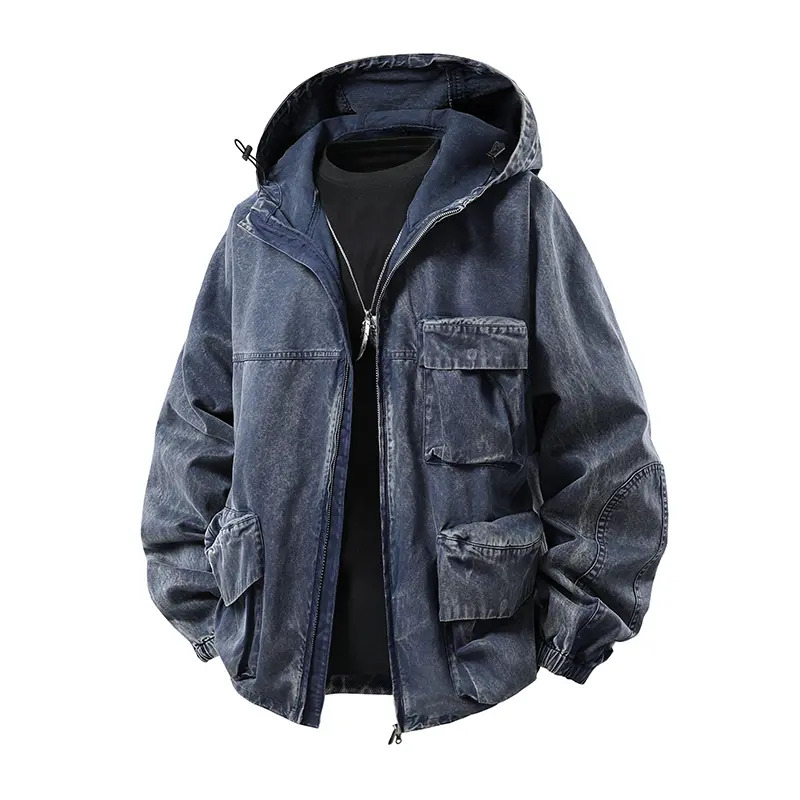 Men Vintage Washed Distressed Denim Hooded Cargo Jacket Drawstring Hood Full Zip Multi Flap Cargo Pockets Elastic Cuff Oversized Loose Y2K Skate Streetwear Windproof Casual Outer Coat
