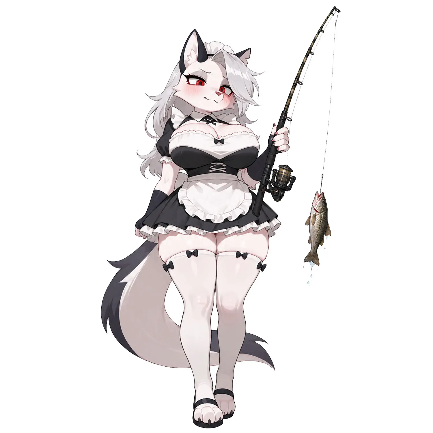 Cute Wolf Fishing Sticker, Silver-Haired Angler Holding Fishing Rod and Fresh Catch, Playful Outdoor Decal for Laptop, Tumbler, Car or Fishing Gear