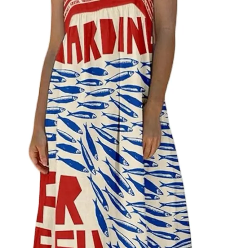 Plus Size Boho Spring And Summer Beachwear For Casual Versatile Suspender Letter Sardine Print Ropical Vacation Woman Clothes A-Line Dress Sleeve Womenswear summer outfits waisttrainers women's clothing Fabric Strap modest summer outfits milkmaid dress