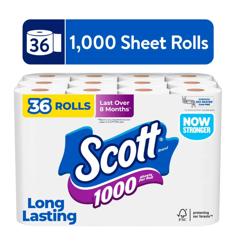 Scott 1000 Toilet Paper, 36 Rolls, 1000 Sheets Per Roll, bathroom rolls, septic friendly, long lasting, family pack, restroom supplies, everyday use