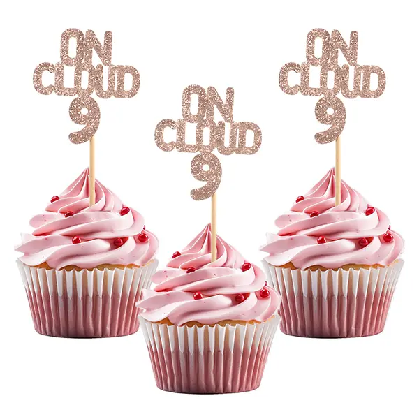 HUIANER On Cloud 9 Decorative Cupcake Toppers - 24Pcs Non-Edible Single-Sided Design Paper Picks with Wood Bamboo Toothpicks, Indoor 9th Birthday & Anniversary Party Supplies, Cake Decorations