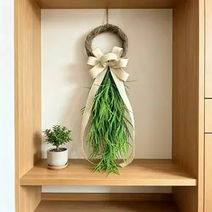 Elegant Cypress Teardrop Wreath, Rustic Greenery and Natural Burlap Bow, All-Season Porch and Wall Decor, Perfect for Any Time of Year, Hanging Wreath