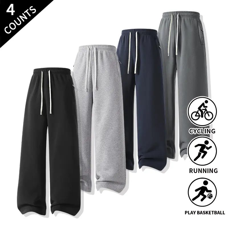 Men’s 4-Pieces Casual Basic Sweatpants - Elastic Waist with Drawstring, Zipper Pocket, Athletic Bottoms for Daily Wear, General Sports