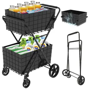 Jumbo Shopping Cart 2 Layers Grocery Cart on Wheels Foldable Utility Carts with Double Basket & 360° Rolling Swivel Wheels for Groceries Laundry