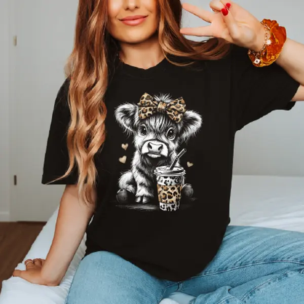 Cheetah Cow Coffee Black Shirt with Adorable Cow Graphic and Leopard Print Cup Design