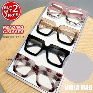 4PCS Men's and Women's Retro Square Big Frame HD Reading Glasses, Reading Eyeglasses, High Definition Glasses, Simple PC Material, +1.0 to +4.0 Diopter Range, Lightweight and Durable, Suitable for Daily Book Reading and Computer Use