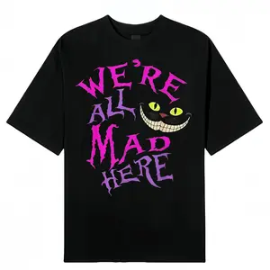 Women's Round Neck Shortsleeve Tshirt - Mysterious Smiling Cat "We're All Mad Here" Wonderland Funny Graphic Tee, Casual Summervibes Outdoor Top