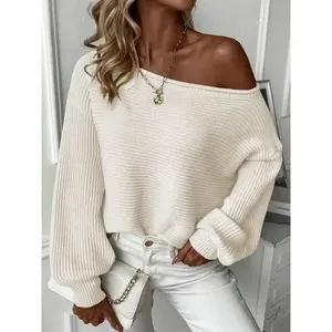 Women’s off-shoulder boat-neck solid-color long-sleeve pullover sweater; autumn/winter ribbed knit casual loose fit cute fashion cozy soft lightweight sweater top; fall outfit for women; winter sweater for women