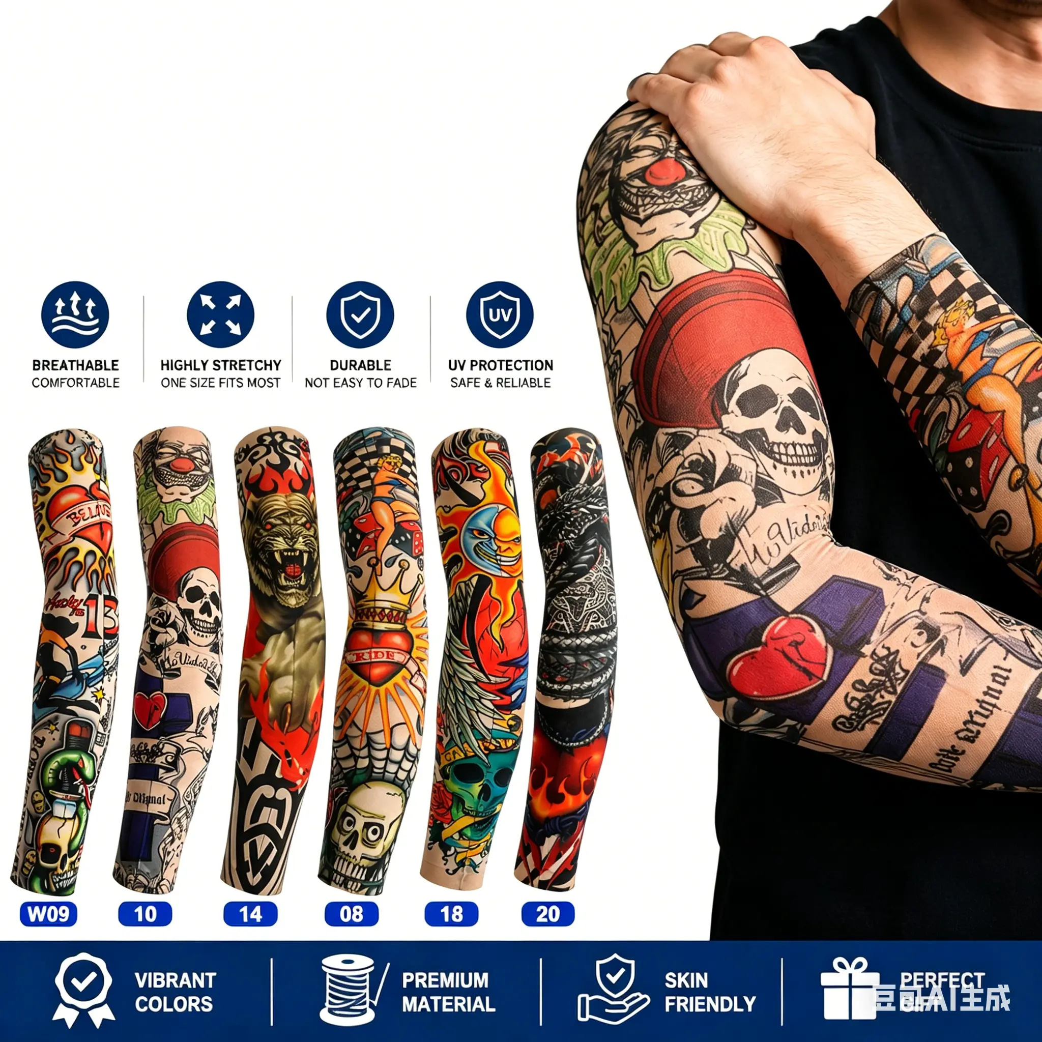 Tattoo Arm Sleeves 6 Pairs Cooling UV Protection Breathable Lightweight Stretch Fabric Realistic Fake Tattoo Design for Men Women Outdoor Cycling Running Fishing Sun Protection