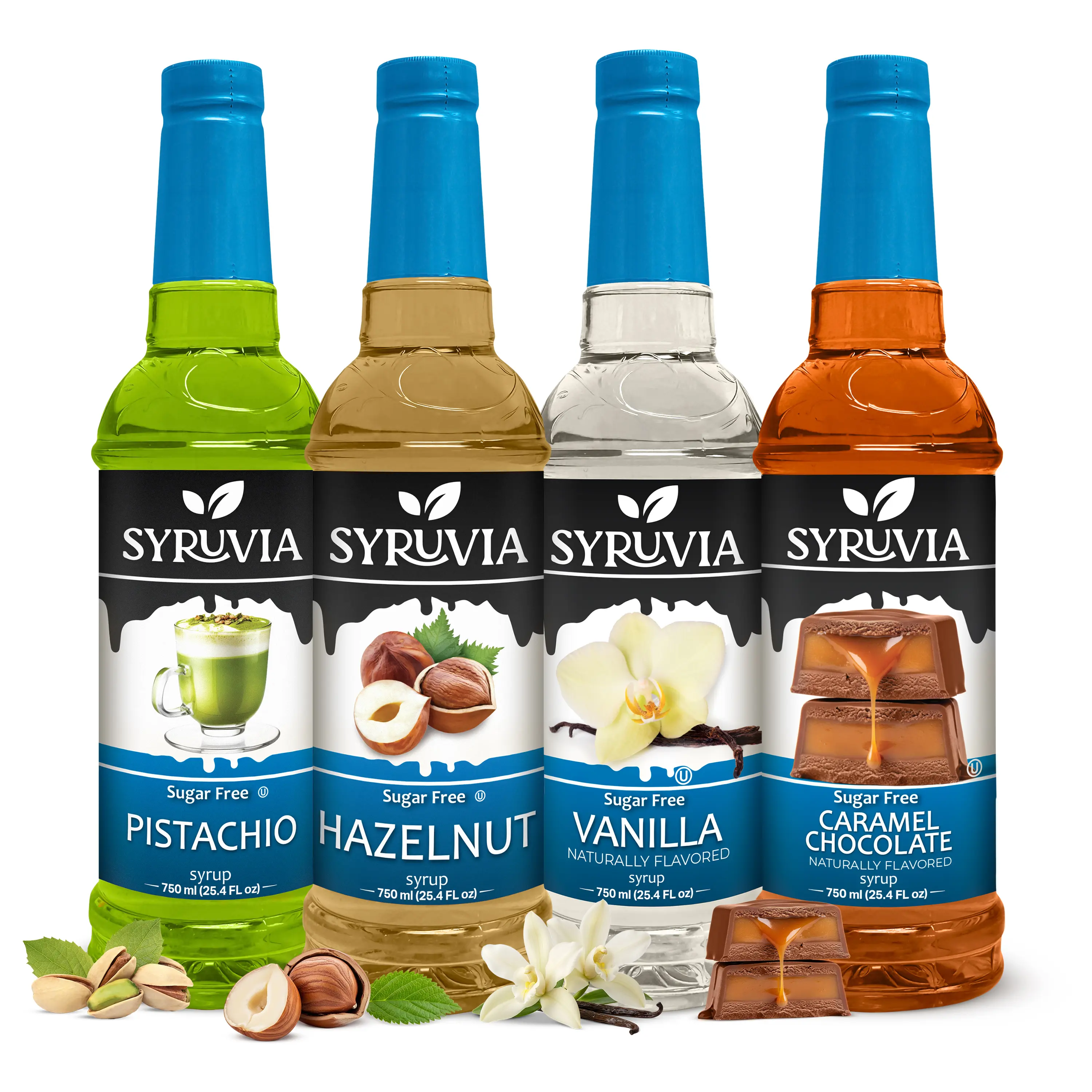 Syruvia Sugar Free Coffee Syrup Variety Pack –Pistachio, Hazelnut, Vanilla & Caramel Chocolate Flavors – Gluten-Free, Kosher, 25.4 fl oz Bottles – Indulgent Coffee, Dessert & More (4-Pack)