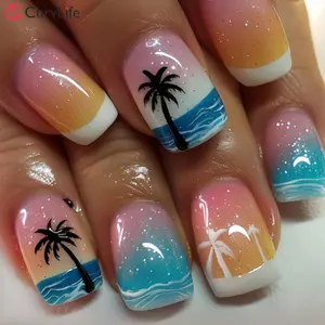 Beach Sunset Press On Nails | CurvLife Nail | 24pcs Medium Square Fake Nails | Glossy Finish with Sunset-Inspired Gradient & Palm Tree Art | Easy to Apply, Comfortable & Long-Lasting | Ideal for Beach Evenings, Sunset Cruises & Coastal Getaways