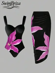 Briza｜One-Piece Swim Set In Black Fuchsia Floral Print With Matching Sarong Skirt, One Piece Swimsuit Styled As Bathing Suit Fancy For Vacation Swimwear For Women, Swim Sets For Women, And Swimsuit Cover Up For Women With Resort Confidence