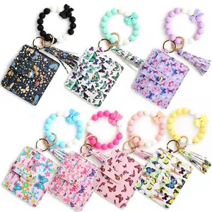Silicone Bead Wristlet Keychain | PU Leather Card Holder - Butterfly Print, Perfect for ID & Credit Card Storage