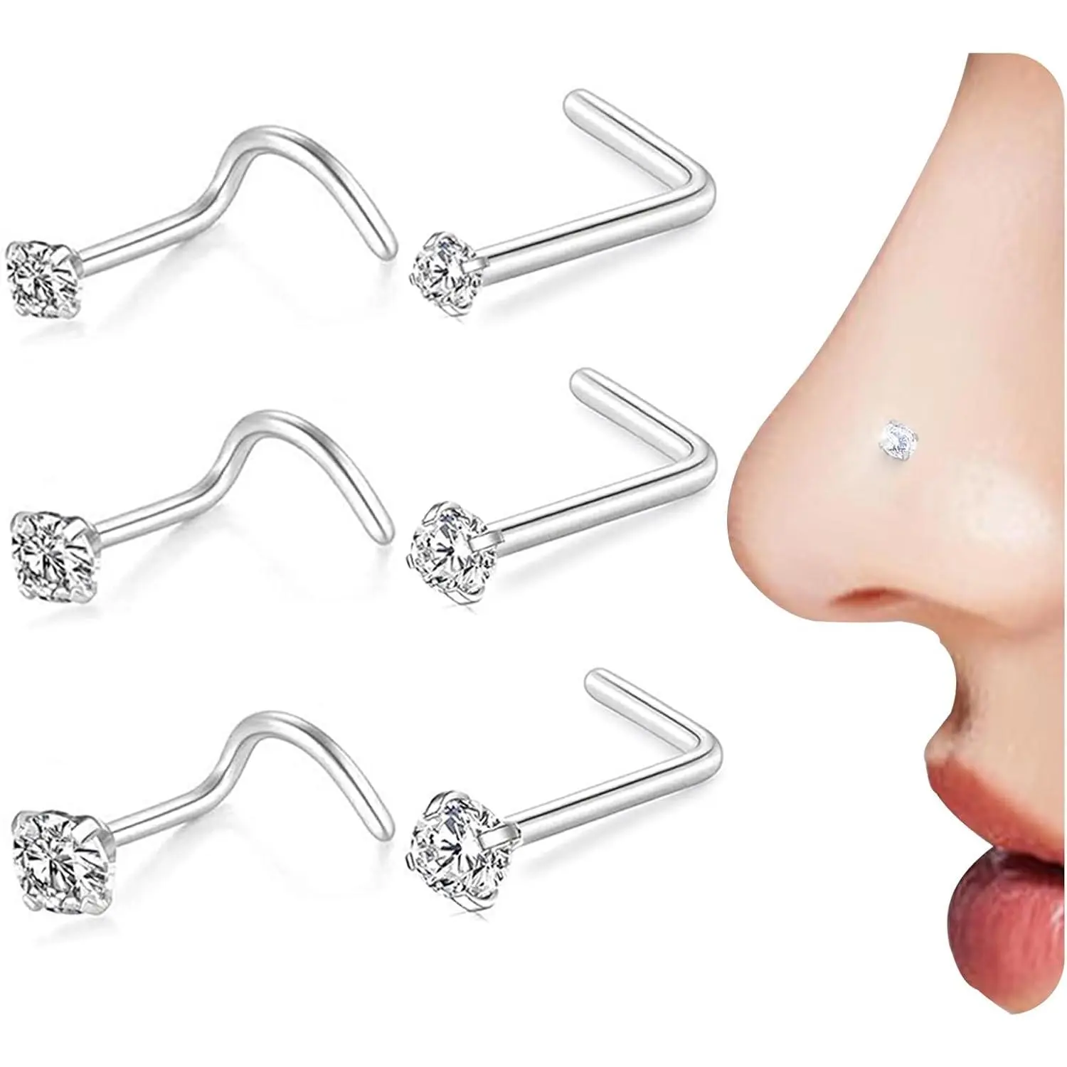 Nose Rings and Nose Stu Sets for Women Men,Hypoallergenic 316L Surgical Steel Nose Hoops Can Be Used for Helix Cartilage Multi-Use Earrings Piercing,L Shape and Corkscrew Nose Stu Comfort Fit Everyday Wear Jewelry