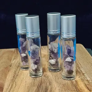 10mL Chevron Amethyst Chip Roller Bottle - Natural Essential Oil Storage Bottle for Therapeutic Crystal Aromatherapy, Third Eye Chakra Wellness