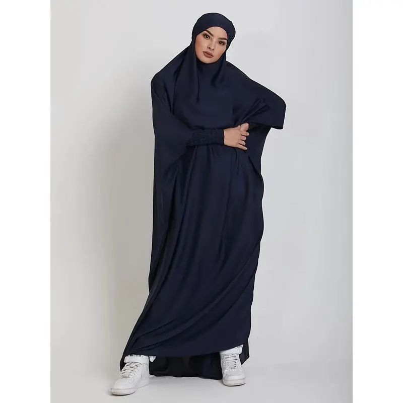 Women'S Traditional Arabian Abaya, Long Polyester Batwing Sleeve Robe with Tie Back, Solid Color, All-Season Loose Fit, Woven Fabric, 95% Polyester 5% Elastane, 135g/m2 - Muslim Nida Hijab Dress