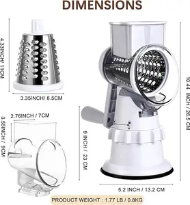 Rotary Cheese Grater Hand Crank - Mandoline Vegetable Slicer with 3 Stainless Steel Blades, Cheese Shredder for Fruit Vegetables Nuts - White
