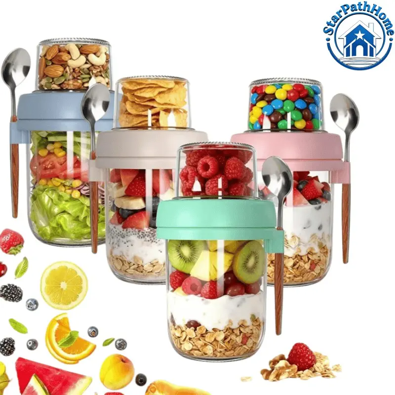 20oz Overnight Oats Glass Jars 4 Pack, Dry Wet Separation Detachable Wide Mouth Yogurt Containers, Leakproof Airtight Mason Jars for Oatmeal, Salad, Fruit & Breakfast Meal Prep, Reusable, Portable, Stackable, Storage, Lid