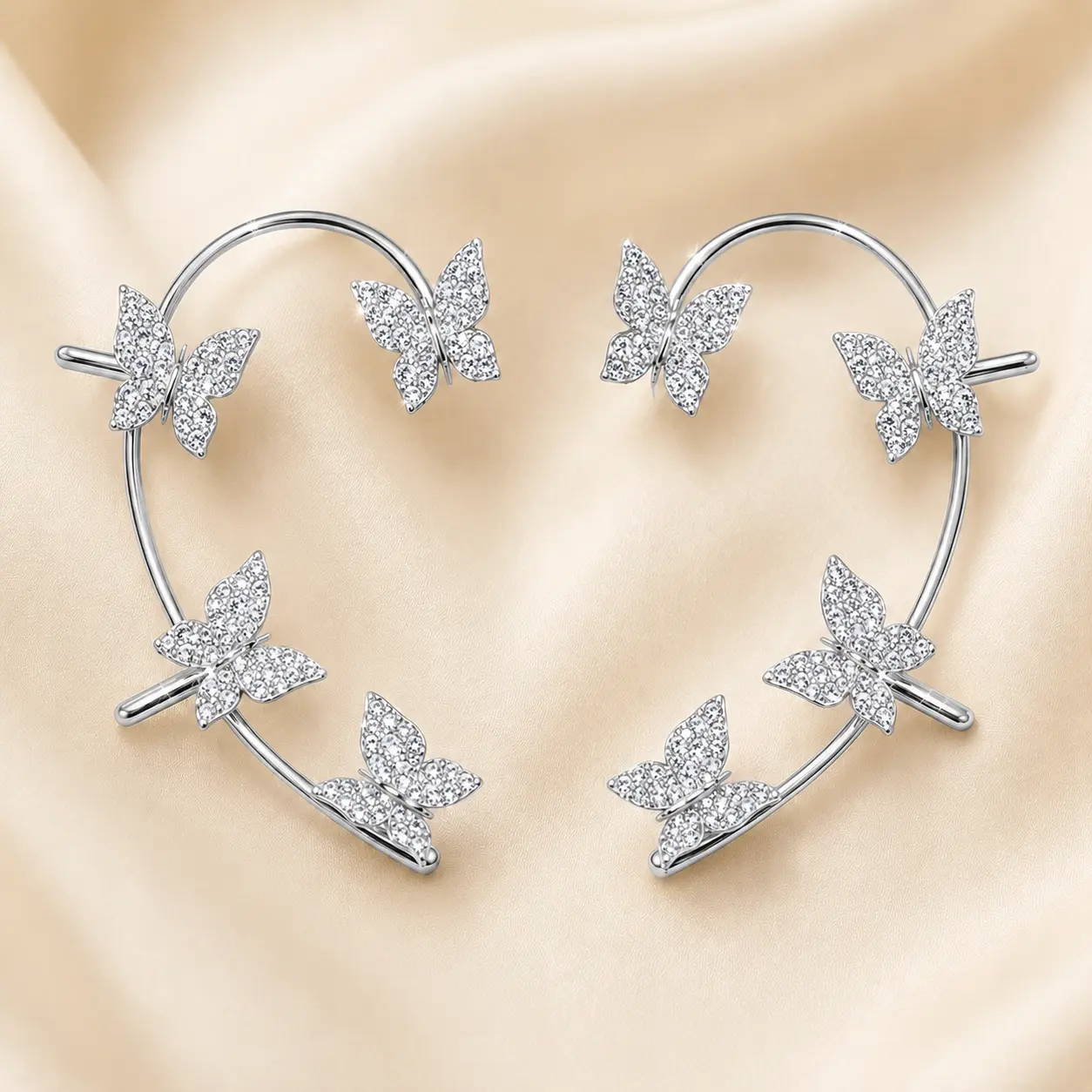 4-Butterfly Ear Cuff Earrings for Women, Sparkling Clip-On Ear Climber, 1 Pair