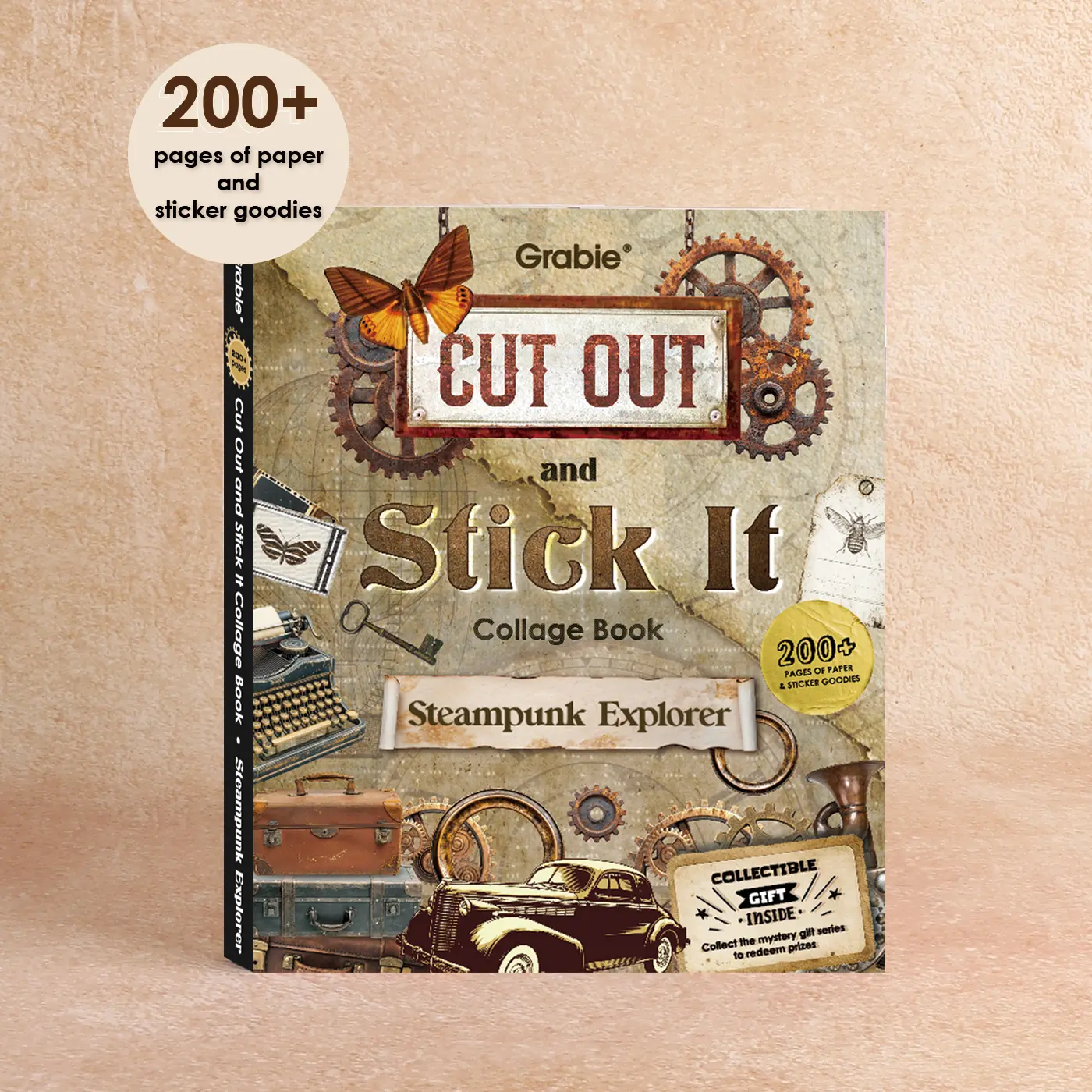 Grabie Steampunk Explorer Collage Activity Book - 200+ Pages, Crafting Papers, Scrapbook Supplies, Imaginary Invention Theme, Stickers Included, Back to School, Class Reward Gift Idea